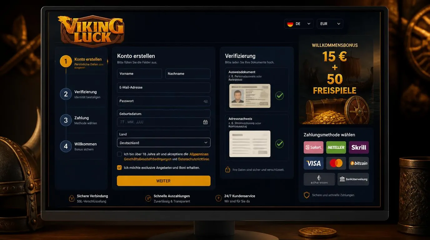 Registrierungsmaske mit Identitätsprüfung, Zahlungsarten und Willkommensbonus im Online-Casino