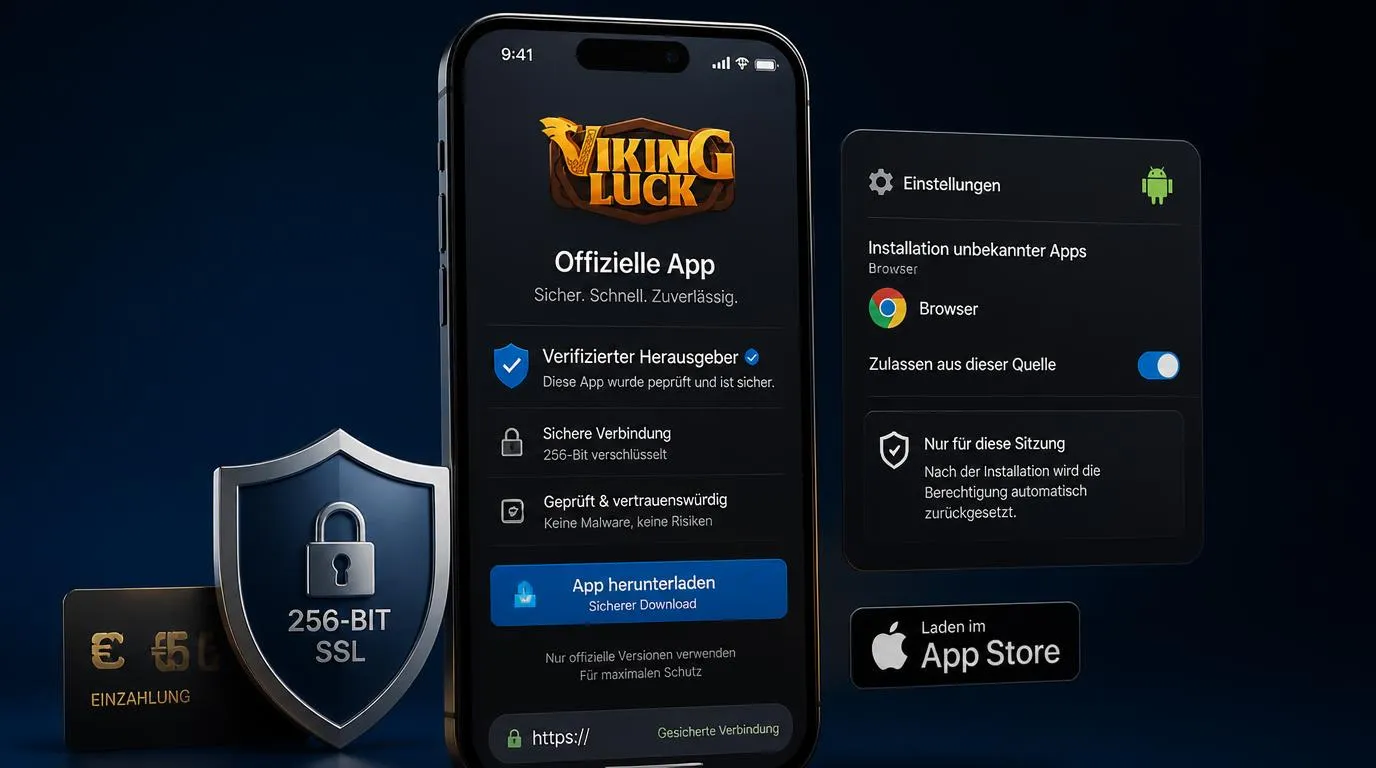 Smartphone mit offiziellem App-Store-Download und aktivem Sicherheitssymbol