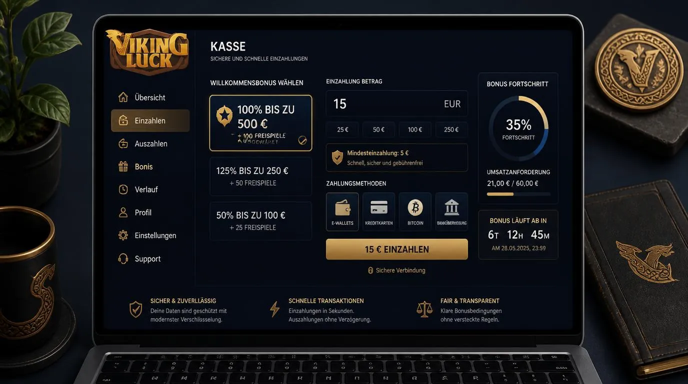 Casino-Kassenbereich mit ausgewähltem Willkommensbonus, Einzahlung und sichtbaren Umsatzbedingungen