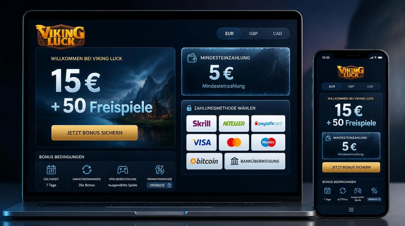 Bonusübersicht mit 15 Euro, 50 Freispielen und Auswahl von Zahlungsarten für die erste Einzahlung