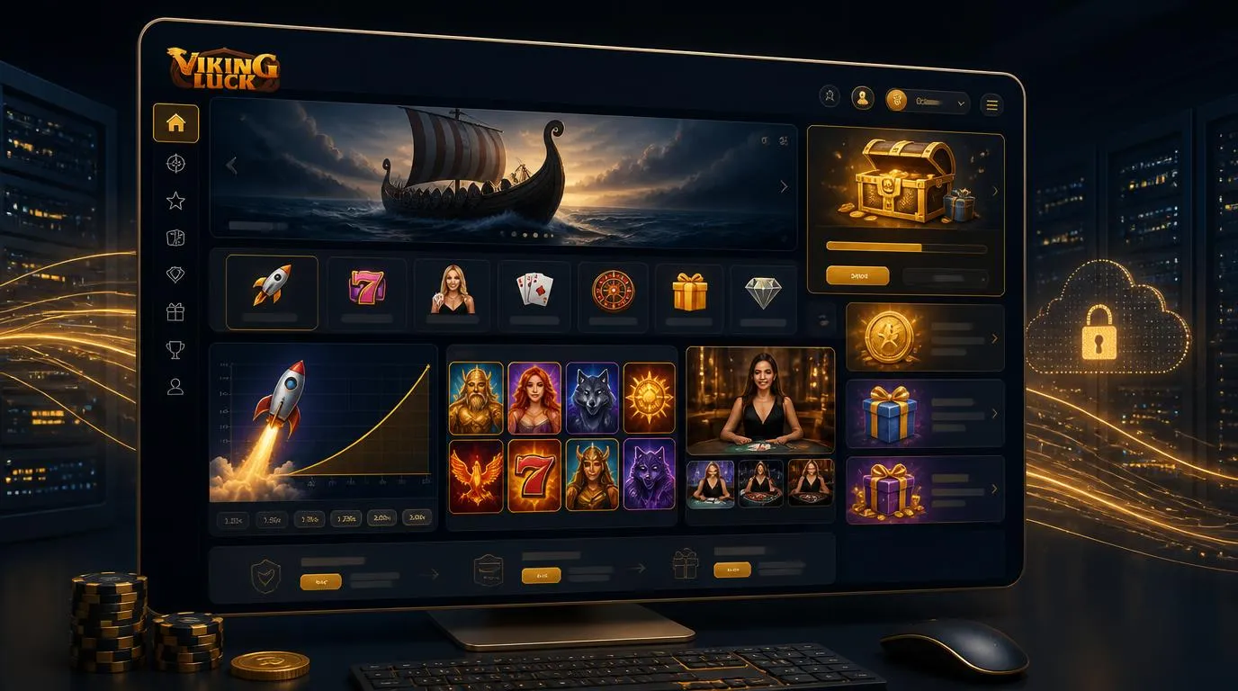 Modernes Casino-Dashboard mit Spielkacheln, Bonusbereich und stabiler technischer Oberfläche