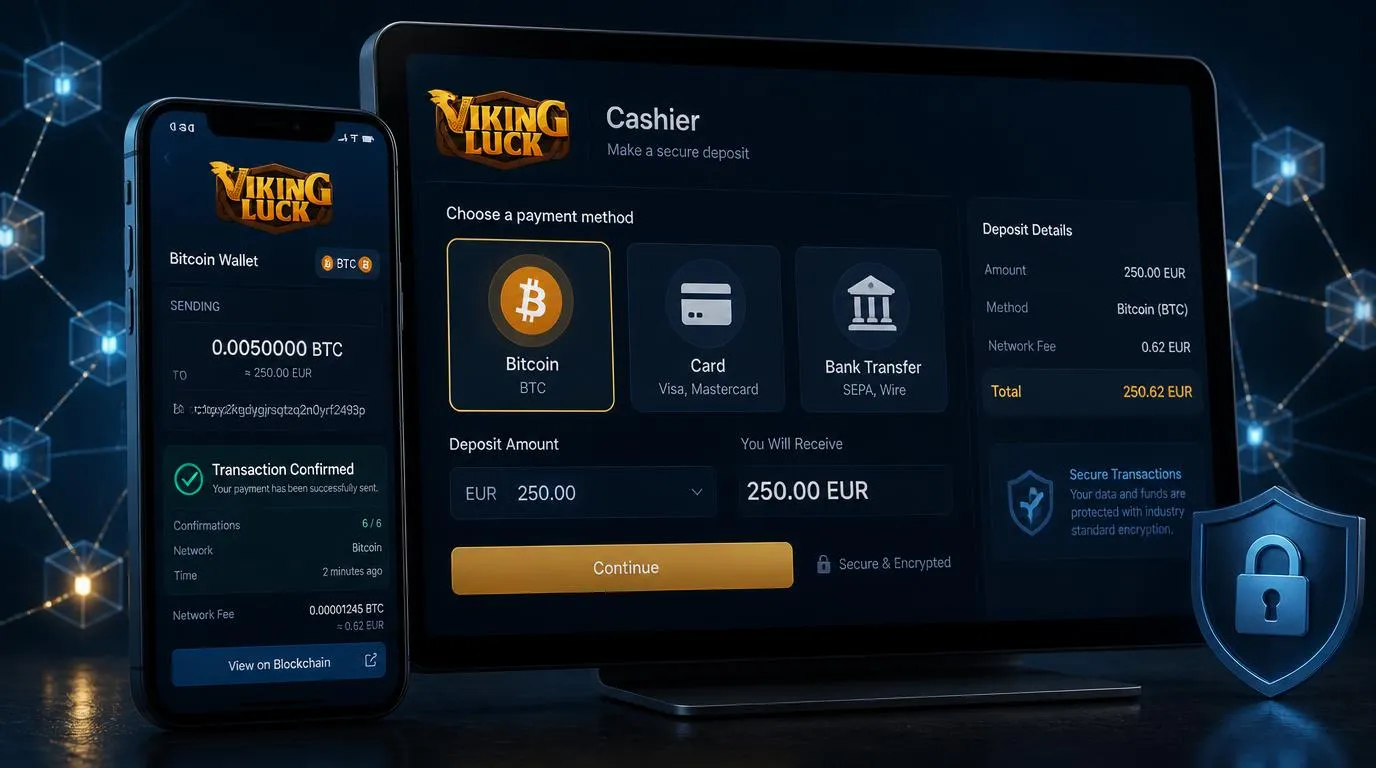 Smartphone mit Bitcoin-Wallet neben sicherer Casino-Einzahlungsmaske und bestätigter Blockchain-Transaktion
