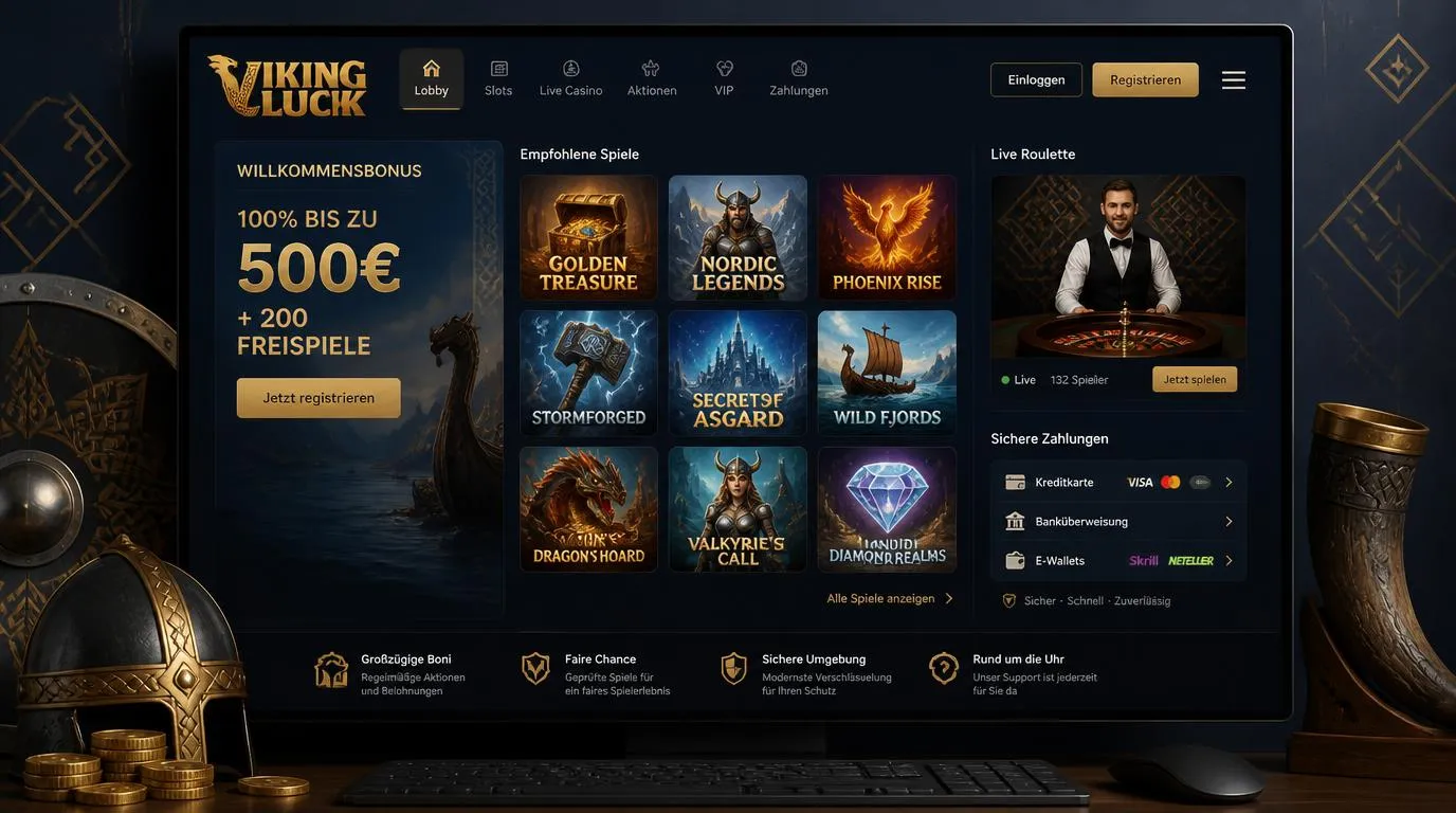 Casino-Oberfläche mit Spielautomaten, Live-Tisch, Bonusbereich und sicheren Zahlungsoptionen