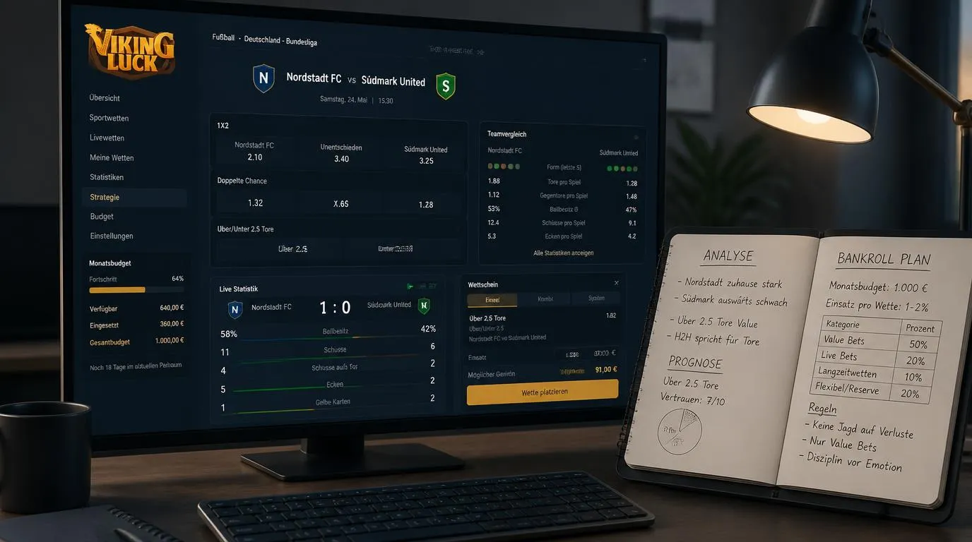 Sportwetten-Analyse mit Quotenvergleich, Live-Spielstatistiken und festem Wettbudget auf einem Bildschirm