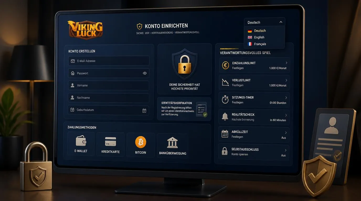 Registrierungsseite eines Online-Casinos mit Zahlungsarten, Sprachauswahl und Einstellungen für Kontolimits