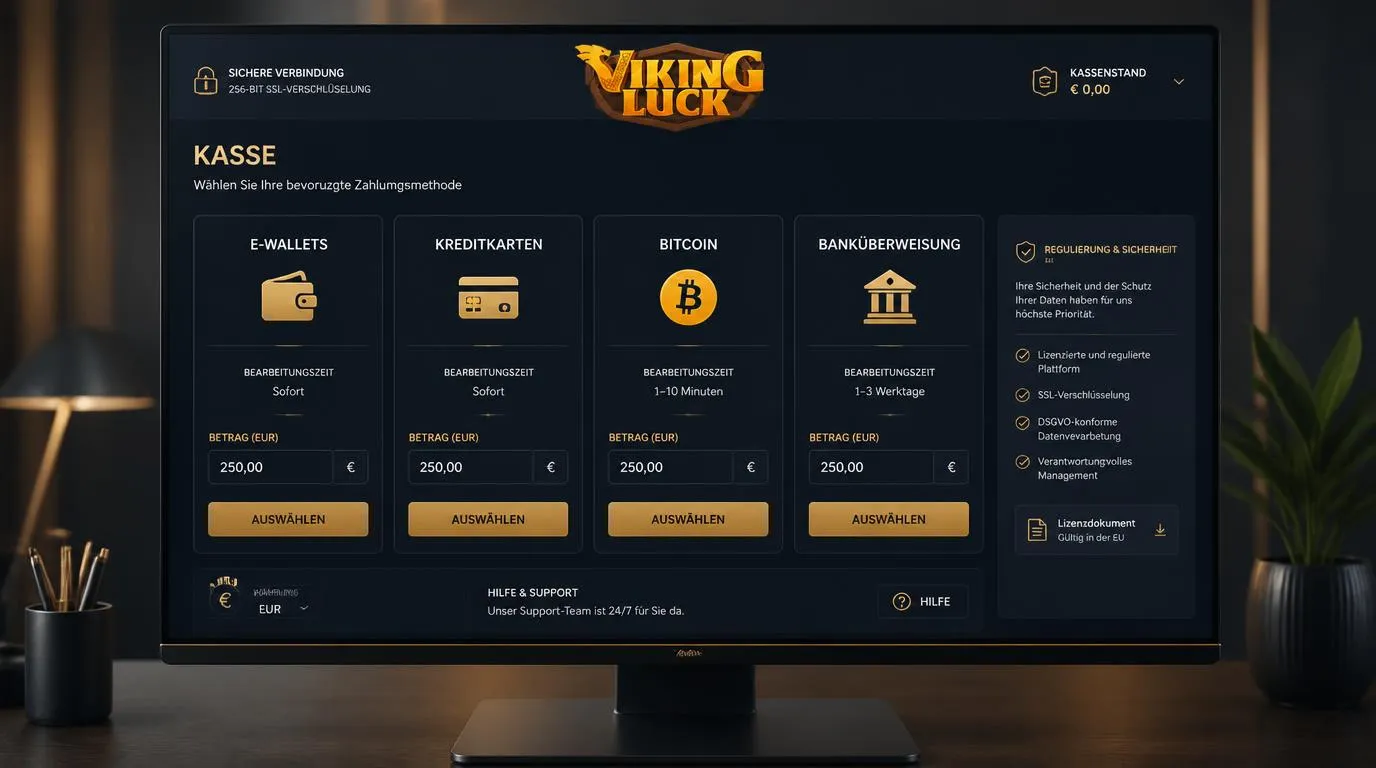 Kassenansicht mit E-Wallets, Kreditkarten, Bitcoin und Banküberweisung für Ein- und Auszahlungen